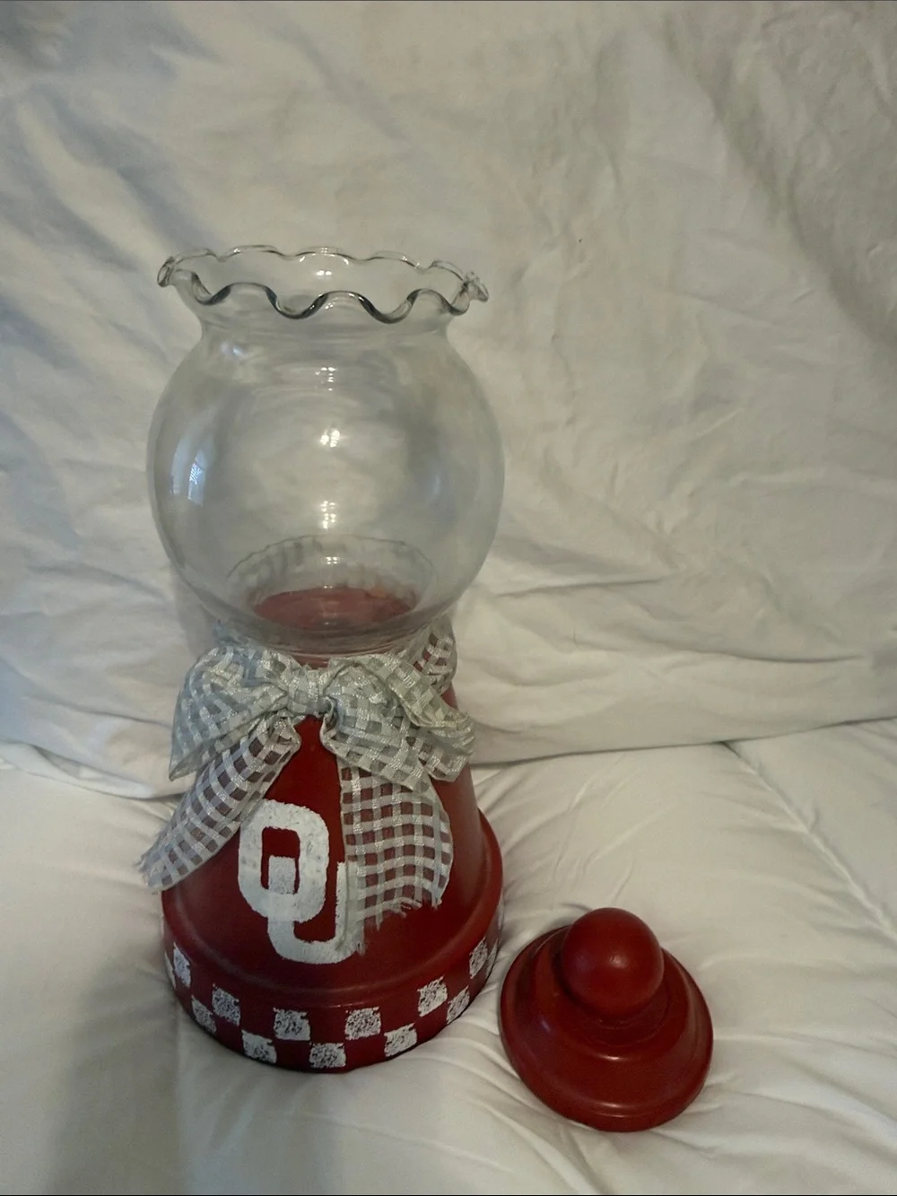 Red Decorative Glass Jar Vase with OU Accent and Checkered Base